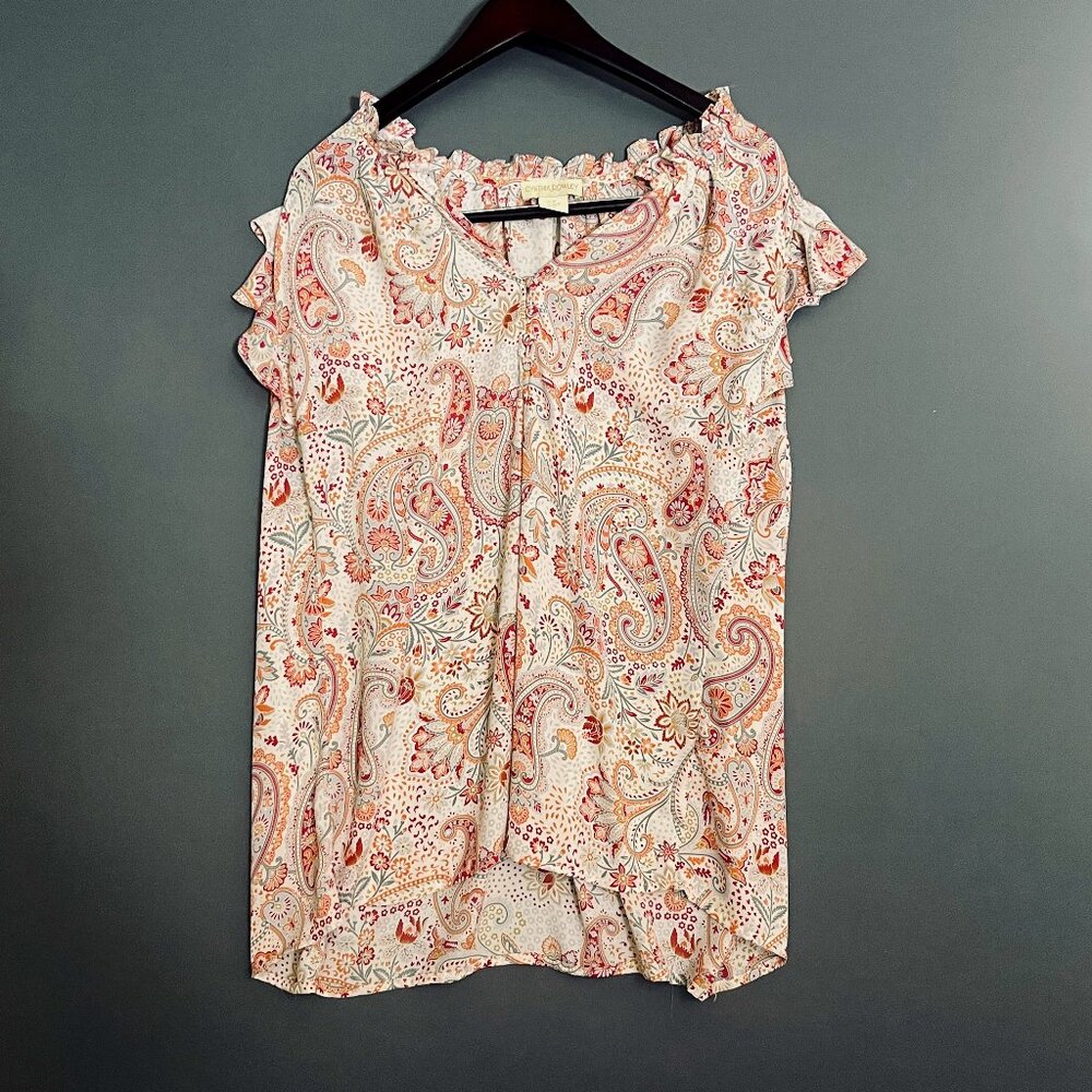Cynthia Rowley Red & Orange Paisley Flutter Sleeve Blouse 1X